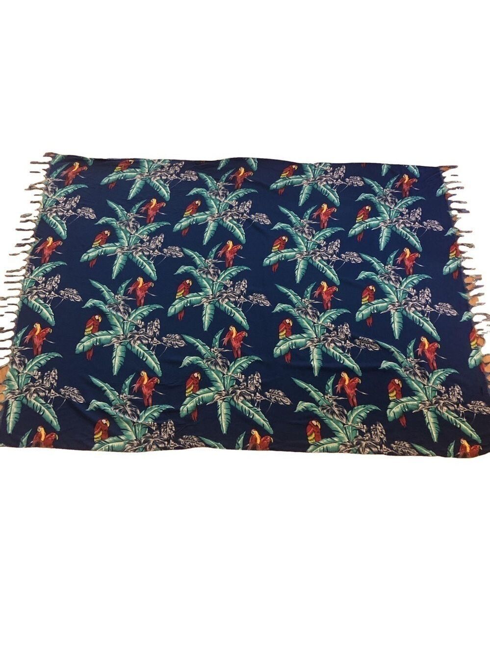 Sarong wrap with colorful tropical print parrots palm trees tassels 42”x54”